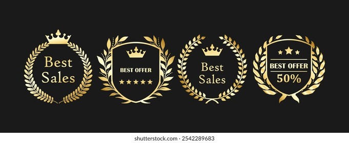 Elegant Gold Laurel Wreath Badges for Best Sales, Luxury, and Limited Edition Recognition EPS Vector for Premium Branding