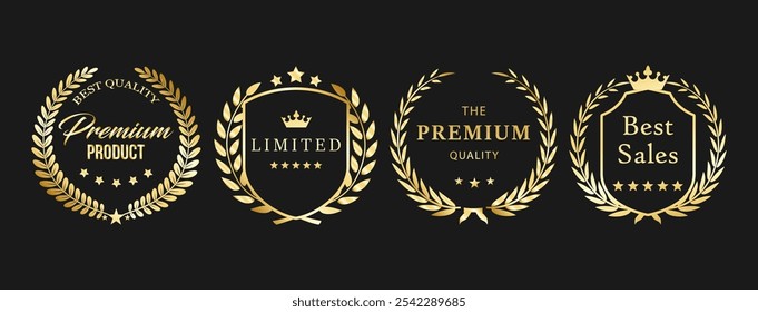 Elegant Gold Laurel Wreath Badges for Best Sales, Luxury, and Limited Edition Recognition EPS Vector for Premium Branding