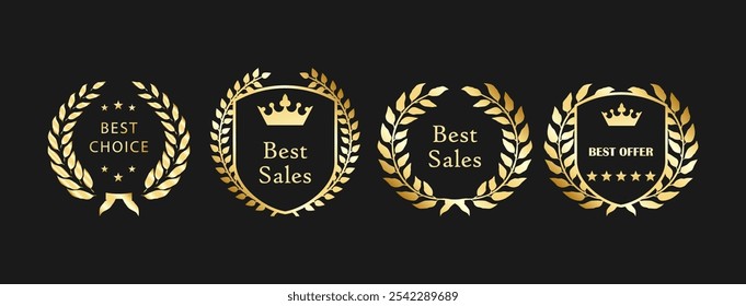 Elegante Gold Laurel Wreath Badges para melhor vendas, luxo e edição limitada Reconhecimento EPS Vetor para Premium Branding