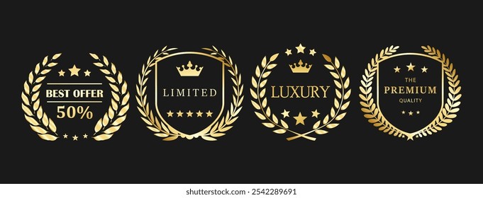 Elegant Gold Laurel Wreath Badges for Best Sales, Luxury, and Limited Edition Recognition EPS Vector for Premium Branding