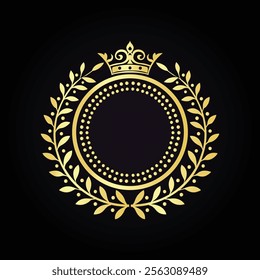 Elegant Gold Laurel Wreath with Crown on Black Background  
