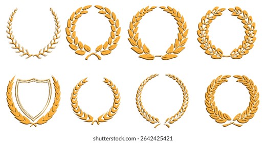 Coroas de louro de ouro elegantes e ilustrações de vetor de escudo perfeitas para prêmios. Ideal para emblemas de conquista, sucesso e vitória. Usar estes elementos gráficos dourados para emblemas, cristas e design