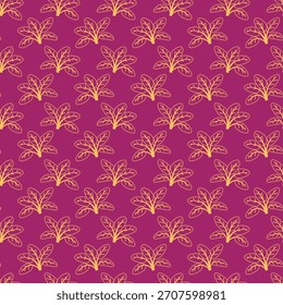 Elegante patrón de hoja de oro sobre un rico fondo magenta.  Un diseño sofisticado perfecto para textiles, Fondo de pantalla o marca.  La textura sin costuras repetible evoca la belleza de la naturaleza y el estilo atemporal.