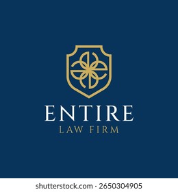 Elegante logotipo de escritório de advocacia de letra dourada E dentro de um escudo, com tipografia clássica serif e fundo azul, perfeito para legal, notário ou marca corporativa.