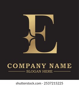 Elegante logotipo de la letra 'E' dorada sobre un elegante fondo negro, perfecto para la marca de lujo. Ideal para empresas de alta gama que buscan una identidad sofisticada y atemporal