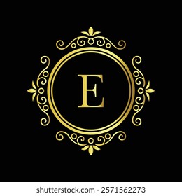 Elegant gold letter E monogram design with decorative floral border on black background  
