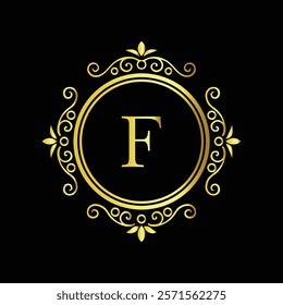 Elegant gold letter F monogram design with decorative floral border on black background  
