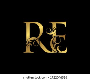 Elegant Gold RE Letter Floral logo. Vintage drawn emblem for book design, weeding card, brand name, business card, Restaurant, Boutique, Hotel. 