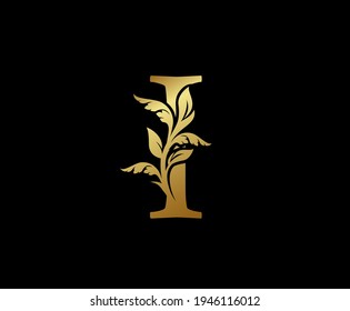 Elegant Gold I Letter Floral logo. Vintage classic ornate letter vector.