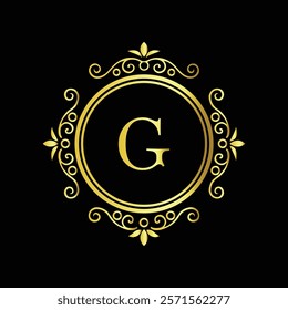 Elegant gold letter G monogram design with decorative floral border on black background  
