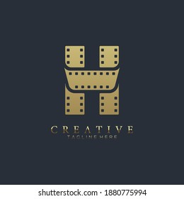 Elegant gold letter H logo for strip film vector illustration and black background
