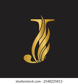 Elegante logotipo de la letra 'J' de oro con motivos de llama sobre fondo negro  
