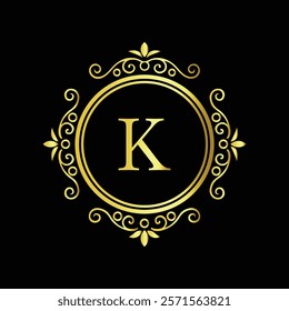 Elegant gold letter K monogram design with decorative floral border on black background  
