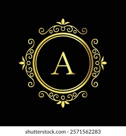 Elegant gold letter A monogram design with decorative floral border on black background  
