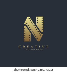 Elegant gold letter N logo for strip film vector illustration and black background