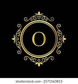 Elegant gold letter O monogram design with decorative floral border on black background  
