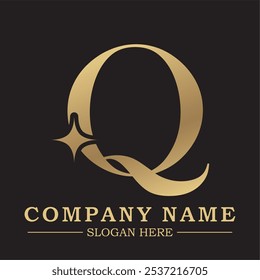 Elegant gold letter 'Q' logo on a sleek black background, perfect for luxury branding. Ideal for high-end businesses seeking a sophisticated and timeless identity