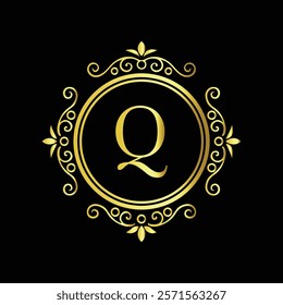 Elegant gold letter Q monogram design with decorative floral border on black background  
