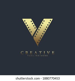 Elegant gold letter V logo for strip film vector illustration and black background
