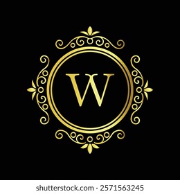 Elegant gold letter W monogram design with decorative floral border on black background  
