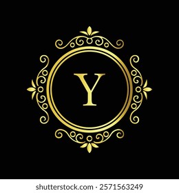 Elegant gold letter Y monogram design with decorative floral border on black background  
