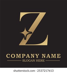 Elegante logotipo de la letra 'Z' dorada sobre un elegante fondo negro, perfecto para la marca de lujo. Ideal para empresas de alta gama que buscan una identidad sofisticada y atemporal