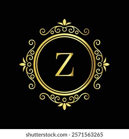 Elegant gold letter Z monogram design with decorative floral border on black background  

