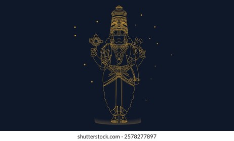 Elegant gold line art illustration of Lord Venkateshwara Swami, adorned with divine ornaments, holding the Sudarshan Chakra and Shankha, symbolizing blessings and spiritual prosperity