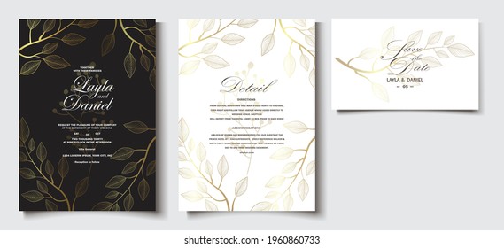 Elegante línea de oro deja floral en la plantilla de tarjeta de boda Premium Vector