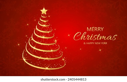 elegant gold line tree christmas on red background. merry christmas and happy new year banner with copy space. vector illustration  design.