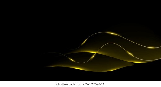 Elegant Gold Line Wave Line Frame on Black Background. Vector Illustration. Technology Wallpaper. Copy Space