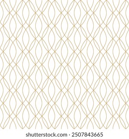 Elegant gold linear seamless pattern featuring a repeating ogee or quatrefoil shape on a white background. Ideal for luxury design, fabric, and wallpaper. Vector illustration.