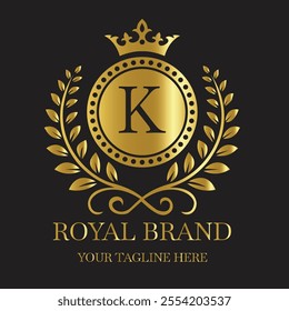 Elegant Gold Logo with Crown, Laurel Branches, and Serif Letter 'K' 