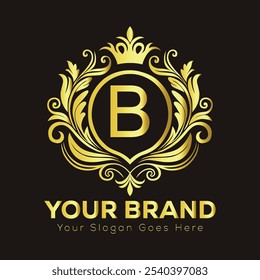 Elegante design de logotipo dourado com letra B para a identidade de marca de luxo e espaço de slogan personalizável  