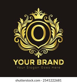 Elegante design de logotipo dourado com letra O para identidade de marca de luxo e espaço de slogan personalizável  