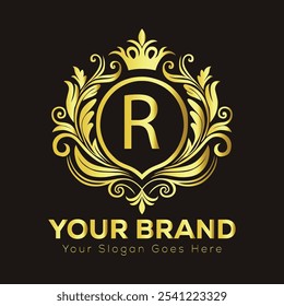 Elegante design de logotipo dourado com letra R para identidade de marca de luxo e espaço de slogan personalizável  