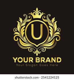 Elegante design de logotipo dourado com letra U para identidade de marca de luxo e espaço de slogan personalizável  