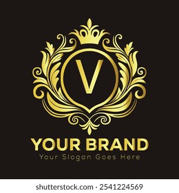 Elegante design de logotipo dourado com letra V para a identidade de marca de luxo e espaço de slogan personalizável  