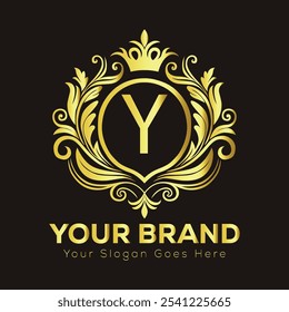 Elegante design de logotipo dourado com letra Y para identidade de marca de luxo e espaço de slogan personalizável  