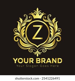 Diseño elegante del logotipo del oro con la letra Z para la identidad de marca de lujo y el espacio adaptable del eslogan  