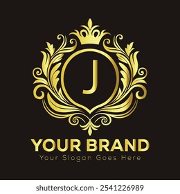 Elegante design de logotipo dourado com letra J para identidade de marca de luxo e espaço de slogan personalizável  