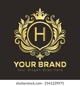 Elegante design de logotipo dourado com letra H para identidade de marca de luxo e espaço de slogan personalizável  