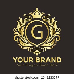 Elegante design de logotipo dourado com letra G para identidade de marca de luxo e espaço de slogan personalizável  