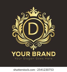 Elegante design de logotipo dourado com letra D para identidade de marca de luxo e espaço de slogan personalizável  