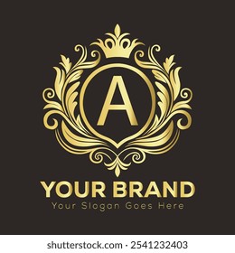 Elegante design de logotipo dourado com letra A para identidade de marca de luxo e espaço de slogan personalizável  