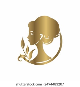 Elegantes goldenes Logo mit einem Frauenprofil mit fließendem Haar, das Schönheit, Anmut und Luxus repräsentiert. Ideal für Schönheitssalons, Spas und Kosmetikmarken.