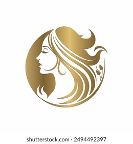 Elegantes goldenes Logo mit einem Frauenprofil mit fließendem Haar, das Schönheit, Anmut und Luxus repräsentiert. Ideal für Schönheitssalons, Spas und Kosmetikmarken.