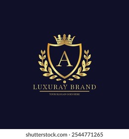 Elegante logotipo de marca de lujo de oro con corona y emblema de Laurel sobre fondo oscuro