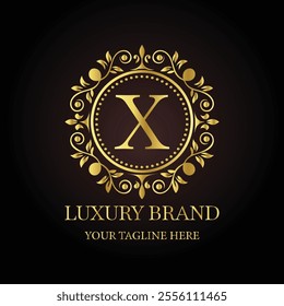 Elegant gold luxury brand logo design X with ornamental floral elements and customizable tagline  
