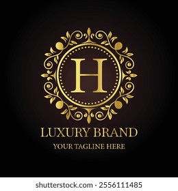Elegant gold luxury brand logo design H with ornamental floral elements and customizable tagline  
